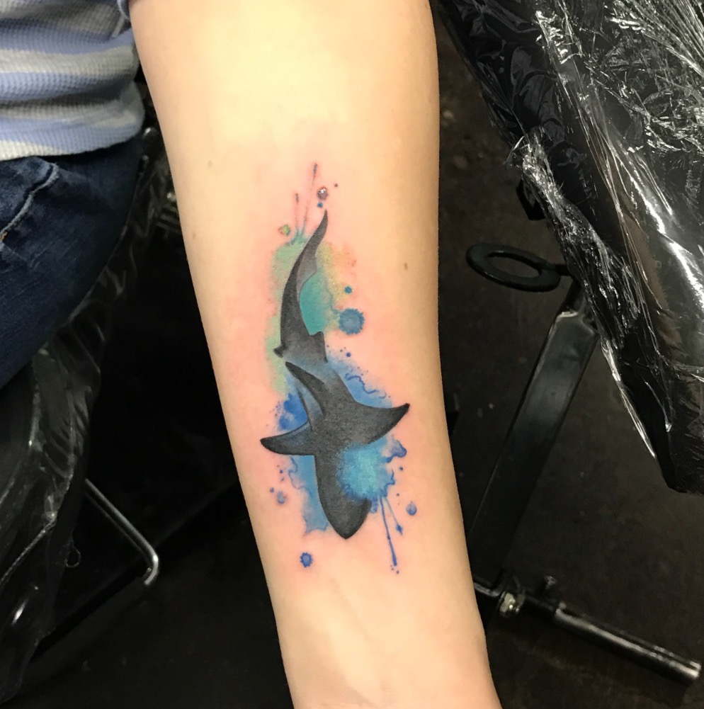 water color shark tattoo, shark tattoo, Johnny calico, tattoo artist, tattoo artist Michigan