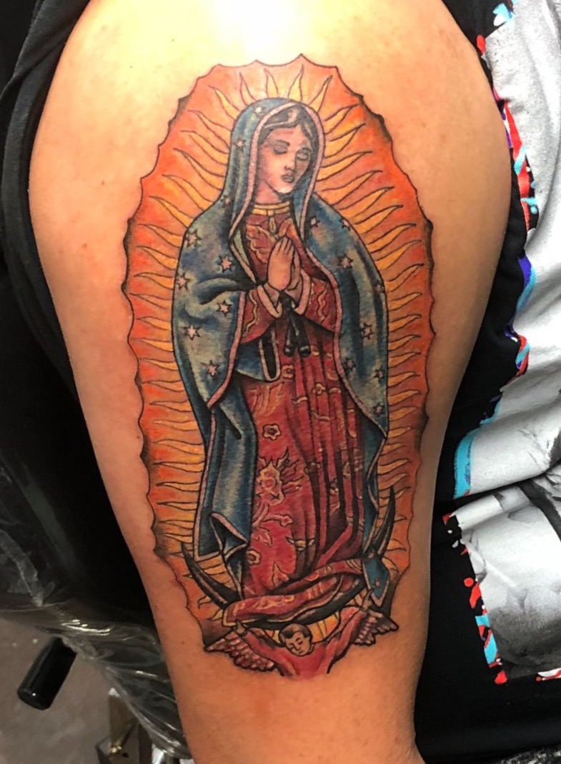 guadalupe tattoo, Virgin Mary, Johnny calico, religious tattoos, Michigan tattoo artist,  tattoo artist Michigan, tattooers, guys with tattoos