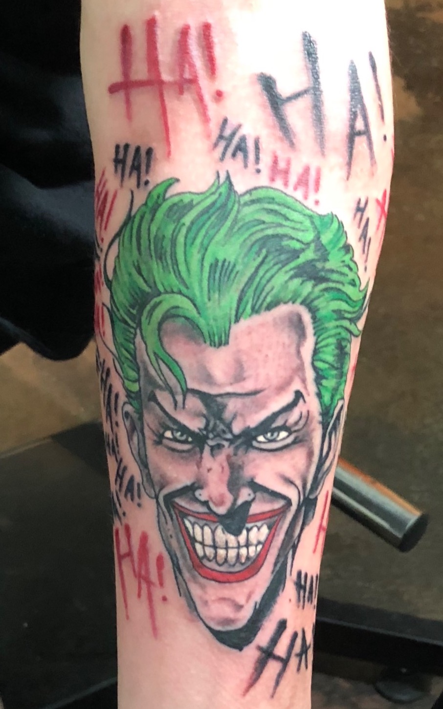 joker tattoo, color tattoo, dc tattoo, Johnny calico, ha ha ha tattoo, tattoo artist Michigan
