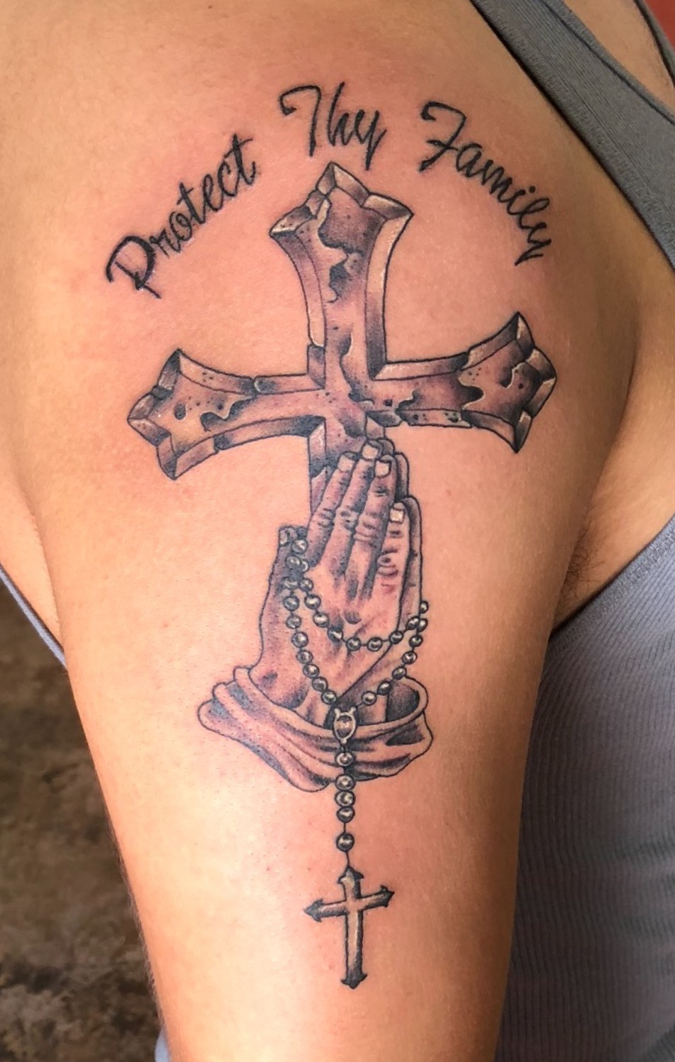 praying hand tattoo, cross tattoo, rosary tattoo Johnny calico