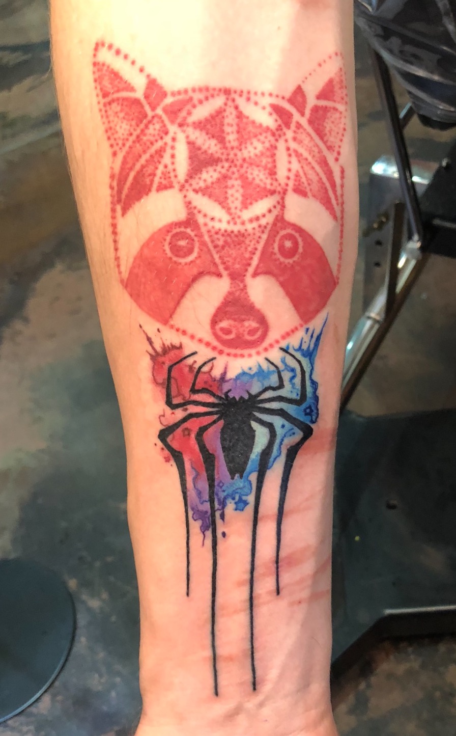 Spiderman tattoo, water color tattoo, water color Spiderman logo tattoo, Spiderman logo, Johnny calico, color tattoo