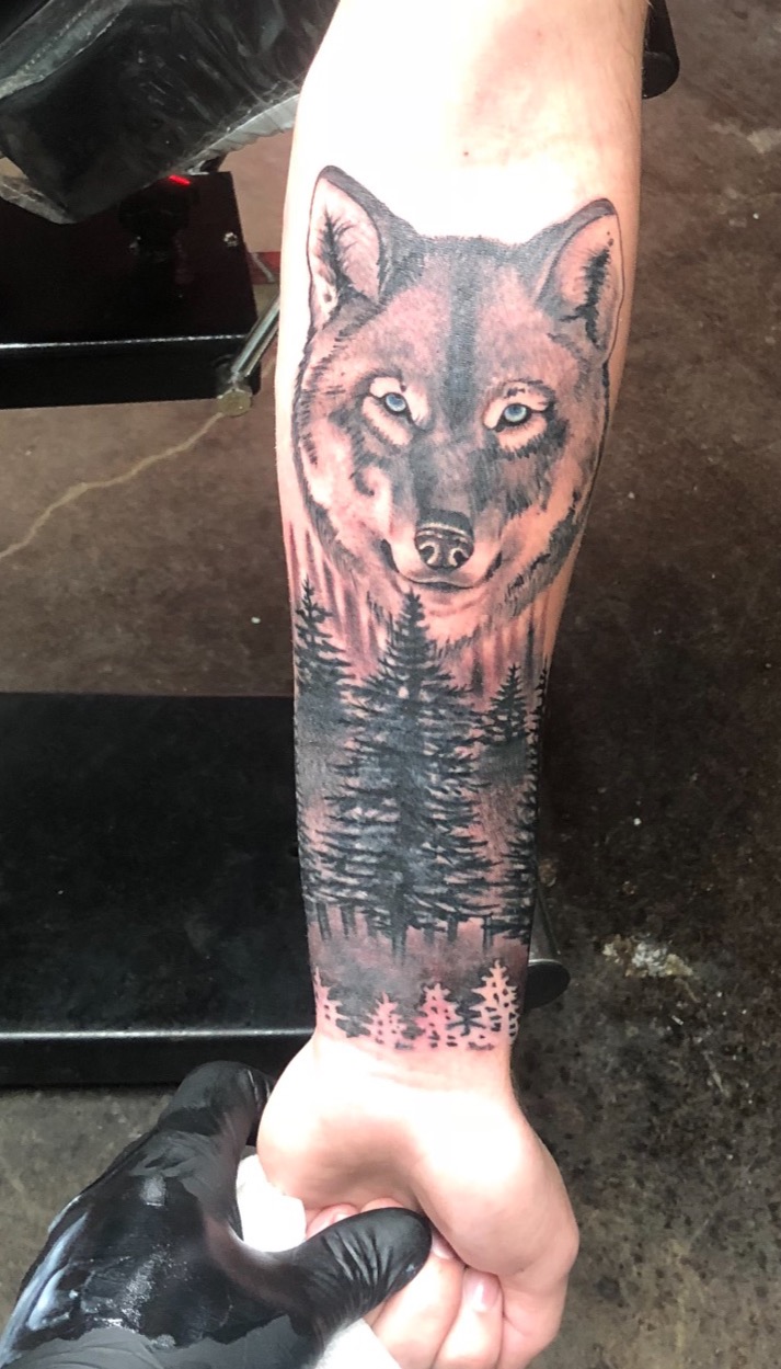 wolf tattoo, black and grey tattoo, trees tattoo, forest tattoo, arm tattoo, realistic wolf tattoo, realism, Johnny calico, blue eyes, tattoo artist Michigan