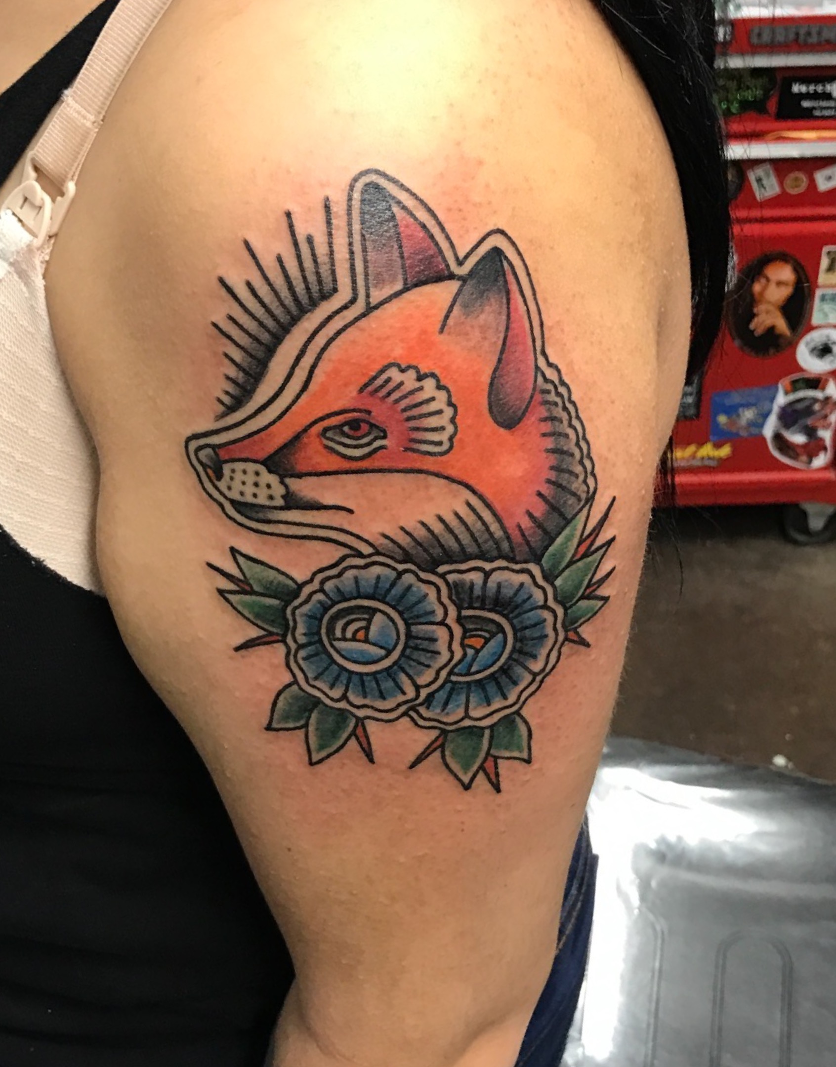 fox tattoo, traditional tattoo, traditional fox tattoo, Johnny calico, Michigan tattoo artists, tattoo artist, pure Michigan